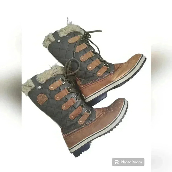 Sorel Boots Womens 7.5 Tofino Brown Leather Waterproof Winter Quilted Tall Shoes - Picture 4 of 5